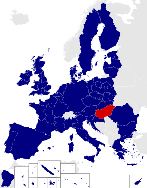 Map of the 2014 European Parliament constituencies with Hungary highlighted in red