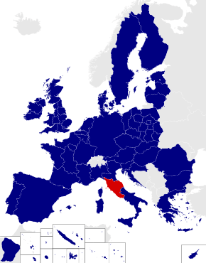 Map of the 2014 European Parliament constituencies with Central Italy highlighted in red