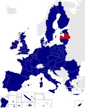 Map of the 2014 European Parliament constituencies with Latvia highlighted in red