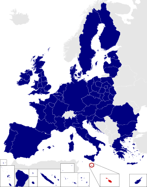 Map of the 2014 European Parliament constituencies with Malta highlighted in red