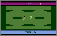 A horizontal rectangle video game screenshot that is a digital representation of a grass field with large holes. Two characters stand in the middle of the field.
