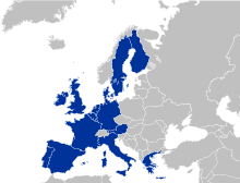A map of Europe with various countries shaded in dark blue.