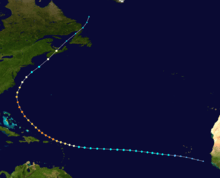 An image depicting the track of a powerful Atlantic hurricane.