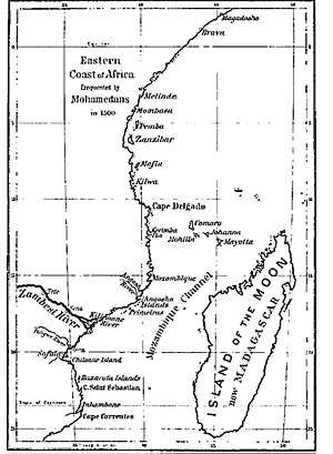 An old printed chart showing the channel between Madagascar and Mozambique