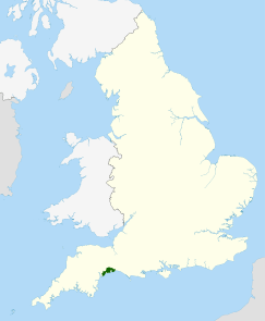 Map of England and Wales with a green area representing the location of East Devon AONB