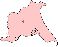 Outline map of the East Riding of Yorkshire with the borders of the City of Kingston upon Hull marked