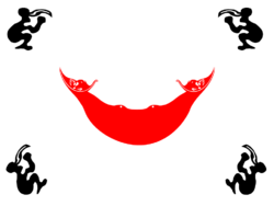 Stylized flag, with a red crescent-shaped ornament in the center and a black figure in each corner