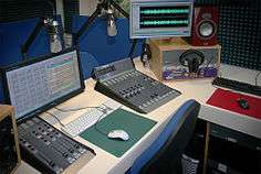 Echo's primary radio studio, featuring microphones, computers and an audio mixing desk.