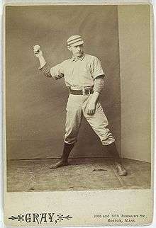 A sepia-toned baseball card image of a man in old-style white baseball pants, jersey, and cap pantomiming throwing a baseball with his right hand