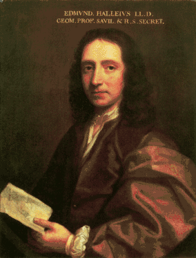 A middle-aged man in robes, holding a piece of paper in his left hand. At the top of the painting, the caption reads "EDMVND HALLEIVS LL.D. GEOM. PROF. SAVIL. & R. S. SECRET."