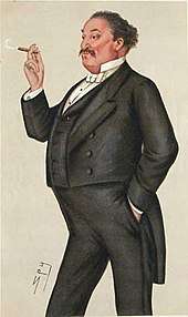 caricature of plump, proud-looking middle-aged man, smoking a cigar