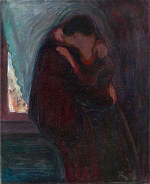 A depiction of two people kissing