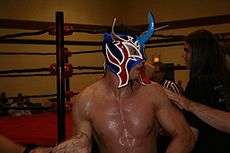 An adult shirtless white male wearing a red, white, and blue mask.