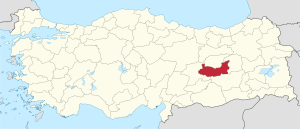 Elazığ highlighted in red on a beige political map of Turkeym
