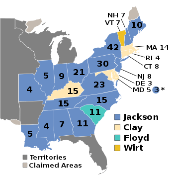 A map of the 1832 presidential election. Blue states were won by Jackson.