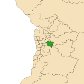 Map of Adelaide, South Australia with electoral district of Bragg highlighted