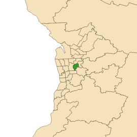 Map of Adelaide, South Australia with electoral district of Dunstan highlighted