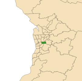 Map of Adelaide, South Australia with electoral district of Unley highlighted