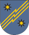 A coat of arms depicting three yellow, diagonal lines zig-zagging from the bottom left to the top right on a grey background