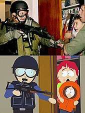 Montage: On top, an armored man with a rifle reaches for a scared young boy being held in the arms of an adult male in an open closet. On bottom, a frame from an animated show mimicking the picture above, with an adult female instead holding a young boy.
