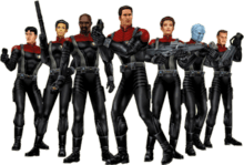 Seven characters wearing armored versions of the Star Trek: Voyager uniforms and carrying a variety of futuristic weaponry. Among their number are two women and a blue-skinned alien.