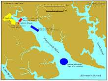 The Pasquotank River flows from the upper left corner to the bottom of the chart, entering Albemarle Sound about one-third of the chart width from the right edge. The outline of Elizabeth City is on the western side of the river, one-fourth of the chart height from the top. The river broadens from one mile near the city to three miles where it meets the sound, 15&nbsp;mi (24&nbsp;km) downstream. The Confederate defenses are a battery at Cobb's Point, near the southeastern edge of the city, and a line of ships stretching across the river from that point to the northeast. The Federal fleet is shown twice: its anchorage near the mouth of the river on 9 February, and the attacking column of 10 February,in the middle of the river and near the Confederate defensive line. A portion of the Little River is in the lower left corner, and the North River runs from the top to near the bottom of the right edge.