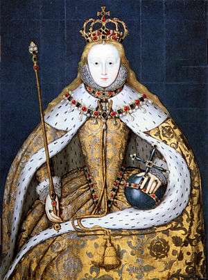 Coronation portrait of Elizabeth I in a gold robe trimmed with ermine and decorated with silver-coloured Tudor roses. She is wearing a crown and holding a gold sceptre in her right hand and a blue orb in her left, all of which are decorated with gemstones and pearls.