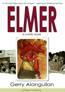 The title "Elmer" in red on a white background above a color photo of Elmer, which is flanked by black-and-white newspaper clippings.