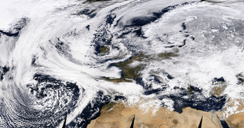 Satellite view showing the interaction of Cyclone Emma nearing from the Southwest and Anticyclone Hartmut covering Europe from the Northeast on 27 February