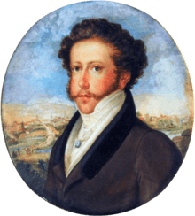 Painted head and shoulders portrait showing a young man with curly hair and mustachios who is wearing a formal black coat, high collar and cravat with a city scene in the distant background