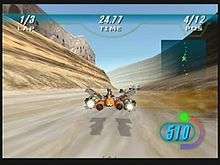 Across the top race statistics are featured in a heads up display. Sebulba's podracer is featured in the center of the screen, spewing a flame from its side. A desert world is the racing environment.