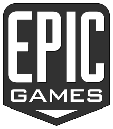 "EPIC" over "GAMES" over a downwared facing arrow, in white over a gray background