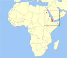 Map of Africa showing highlighted range covering five small areas from Egypt southeast to Somaliland