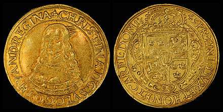 Queen Christina of Sweden depicted on the obverse of a ten-ducat coin from the German state of Erfurt (1645)