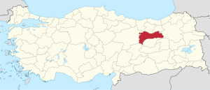 Erzincan highlighted in red on a beige political map of Turkeym