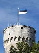 The current flag above the Tall Hermann tower, Toompea castle, Tallinn.