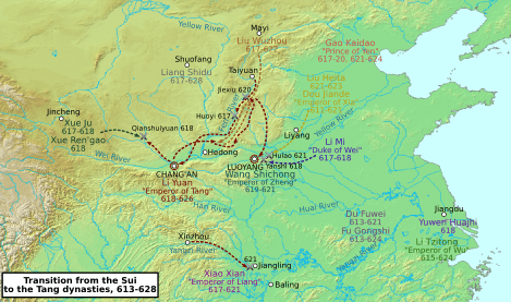 Geophysical map of northern and central China with the main settlements and the various factions, movements of armies and battles represented by different colours