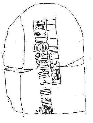 illustration of a fractured inscribed stone with pre-Columbian glyphs and icons