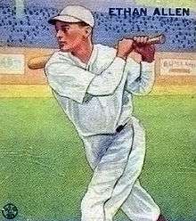 A baseball card of a man in a white baseball uniform swinging a baseball bat