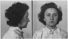 Side- and front-view portrait photographs of woman wearing white apparel. The woman has thick, black, curly hair and maintains an emotionless face
