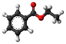 Ball-and-stick model of the ethyl benzoate molecule