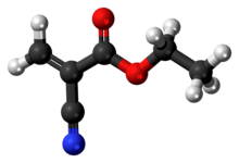 Ball-and-stick model of the ethyl cyanoacrylate molecule