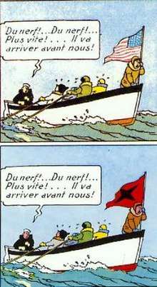 Two versions of a comics panel. A group of people are in a boat and are flying a flag. In the first the flag is American; in the second the flag has become red with a black cross.