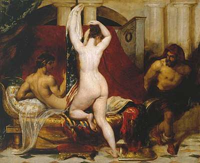 Woman removing her clothing while two naked men watch