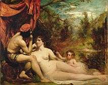 Nude woman, almost-nude man and nude child in an elaborately painted landscape