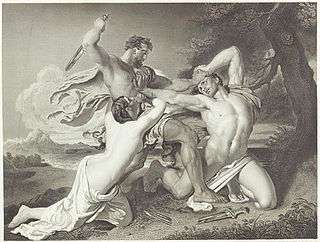 Semi-nude man prepares to stab a naked man, while a semi-nude woman clutches his waist