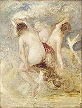 three nude women on a rock, with a sea serpent coiling around the rock.