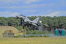 A No. 6 Squadron Eurofighter Typhoon T.3 taking off from Leuchars in 2013.