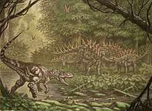 Illustration of a theropod running towards a group of stegosaurs with spikes along their backs surrounded by forest