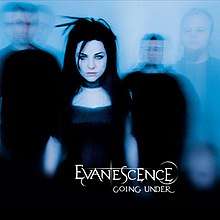 A woman with black hair and black dress can be seen. Three men are surrounding here. The men are not very visible. In front of the woman the words "Evanescence" and "Going Under" are written with white letters.